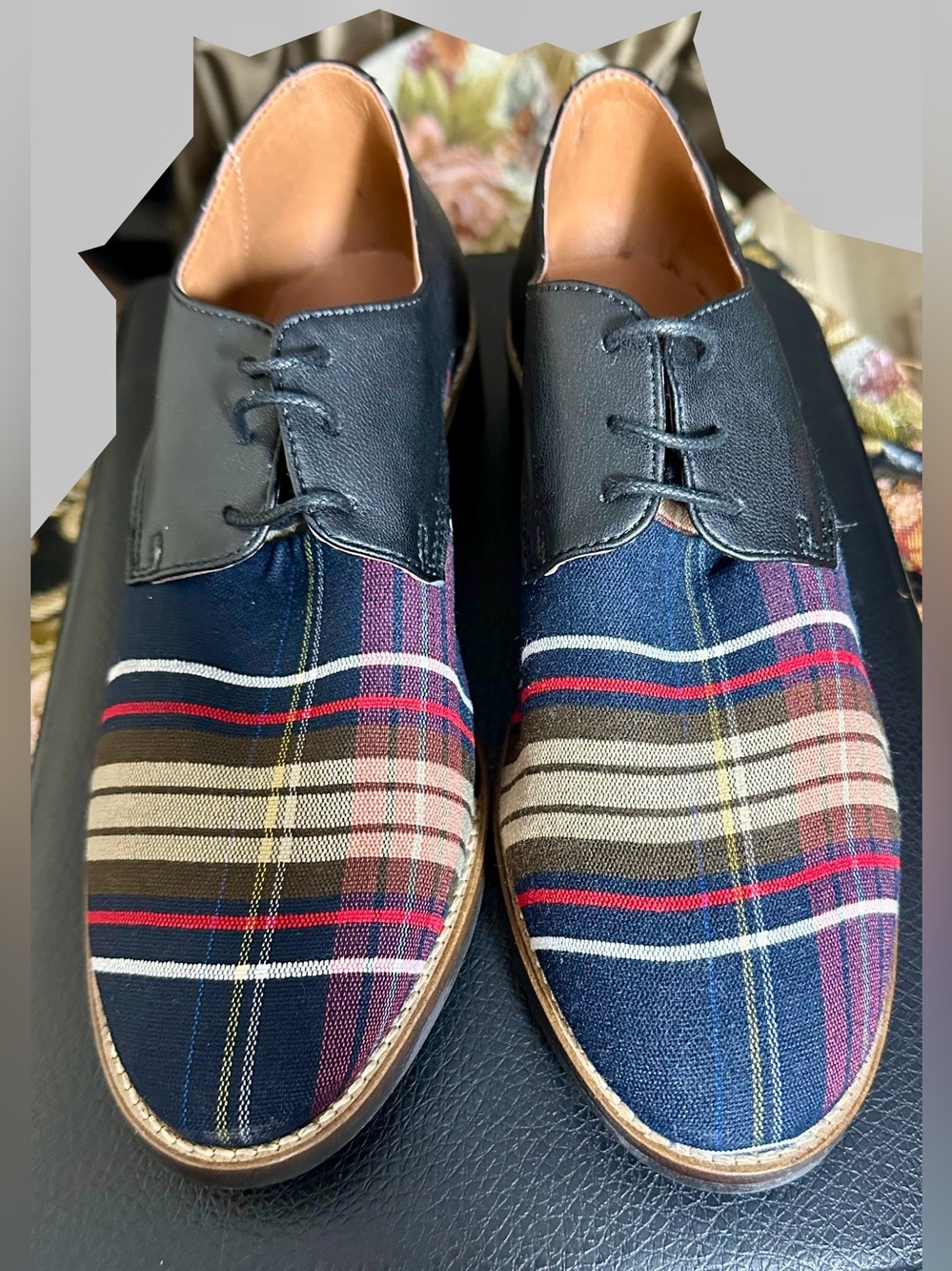 Plaid Canvas and Black Leather Derby Shoes for Men